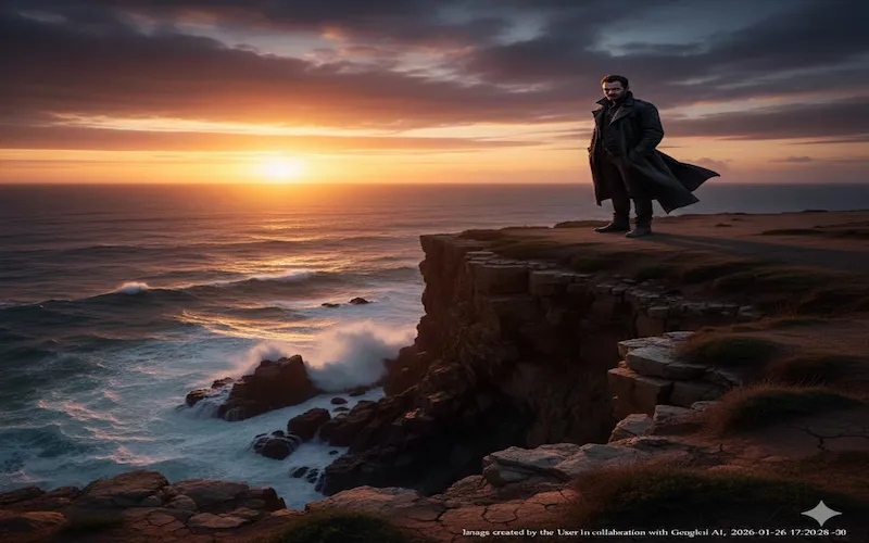 Ilustração de um penhasco rochoso sobre o mar agitado ao pôr do sol