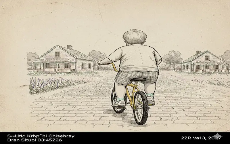 Ilustração de um menino pedalando uma bicicleta amarela e preta sob um céu de tempestade com raios