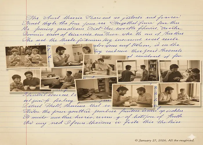 Ilustração de uma escrivaninha de madeira com manuscritos e uma luz de luminária sob o céu estrelado