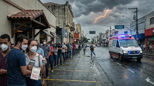 Ilustração de um casal discutindo em uma fila de restaurante sob um céu carregado de nuvens escuras